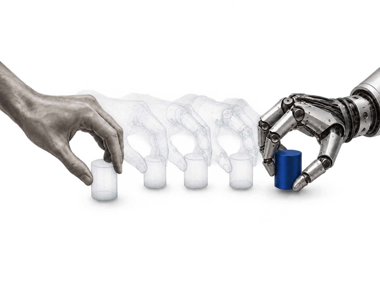 Concept illustration of a human hand demonstrating a grasp, with motion trails leading to a robotic hand holding a blue cylinder