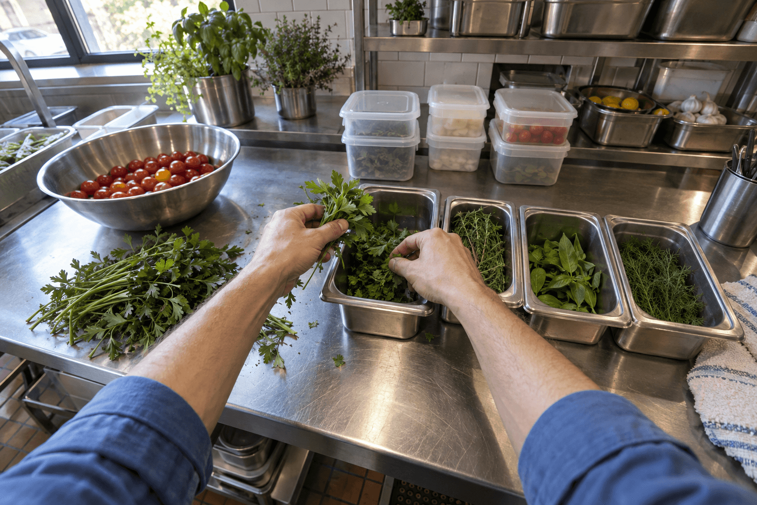 Illustrative first-person view of hands preparing ingredients at a commercial kitchen counter