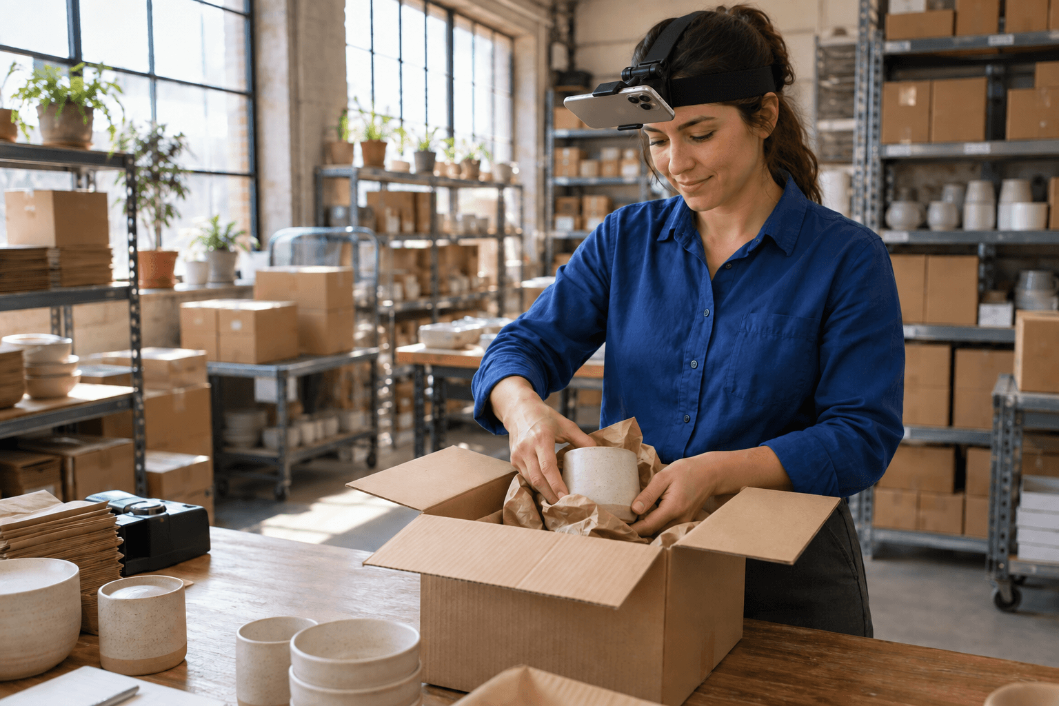 Illustrative employee packing an order with a head-mounted iPhone angled down toward her hands and the box