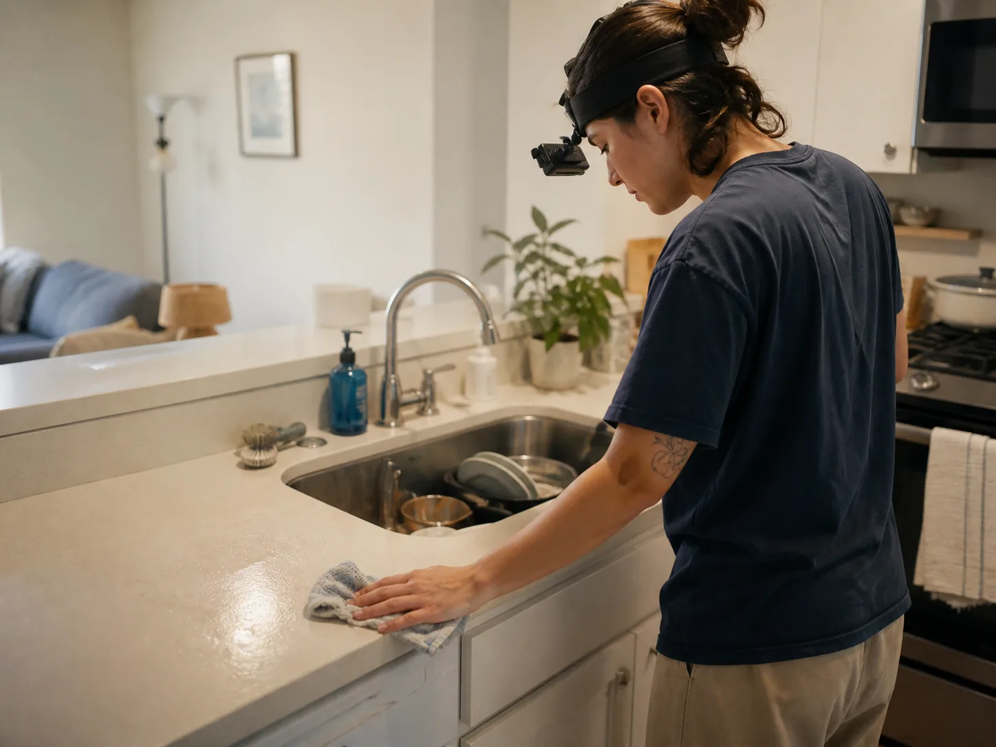Illustrative household contributor recording work at a kitchen counter
